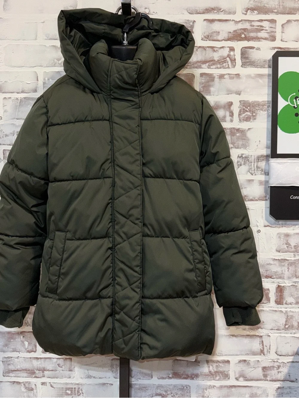 Kids Hooded Puffer winter Coat - Olive Green youth medium